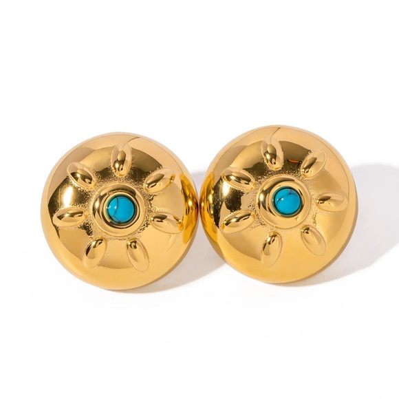 18K Gold Circle Earrings*Round Earrings*Turquoise Earrings - Picture 2 of 8
